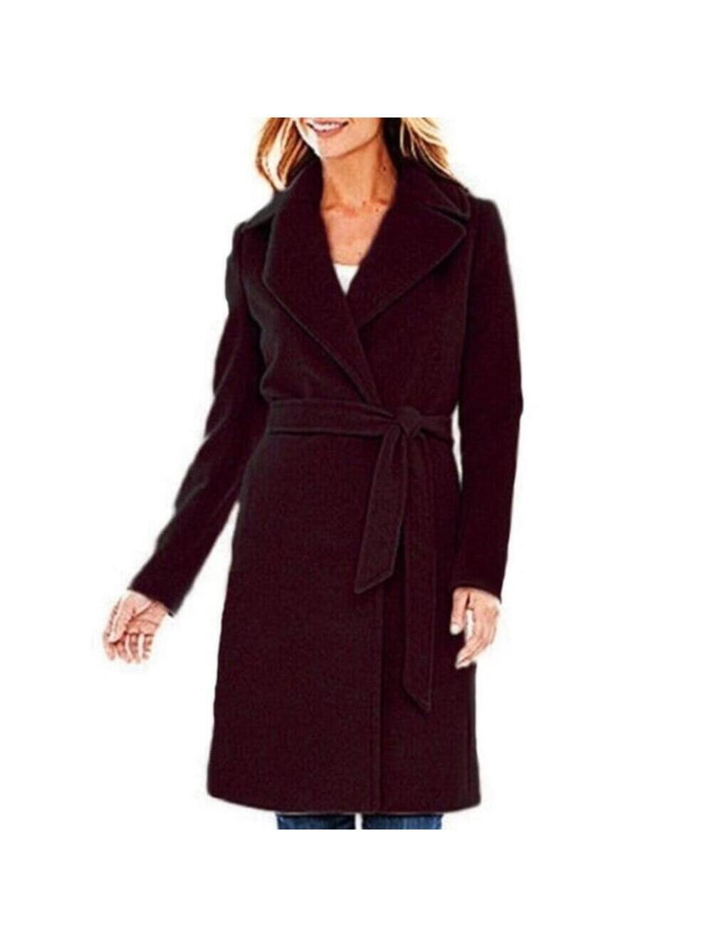 NWT Liz Claiborne Wool Blend Belted Wrap Long Coat Wine Burgundy M Medium NEW